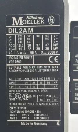 Moeller DIL2AM Contactor 600V 90Amp W/11DILM Auxiliary Contact 
