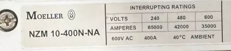 Moeller NZM 10-400N-NA Disconnect Switch 600VAC 400A, Handle Operated 