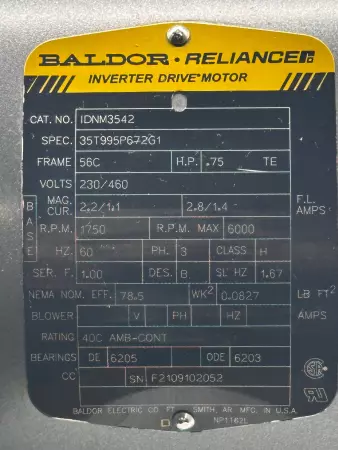 Baldor Reliance IDNM3542 Inverter Drive Motor, 0.75HP Frame 56C 