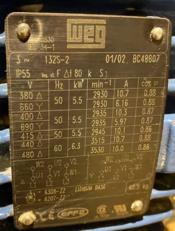 Weg 132S-2 Inverter Duty Motor 6.3kW/8.45HP 