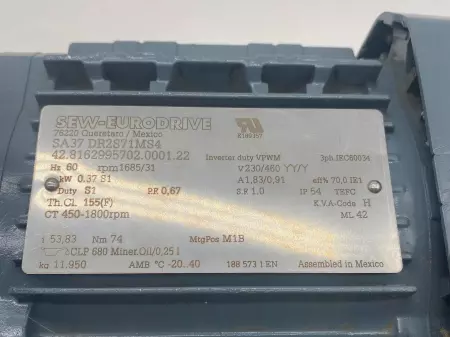 Sew-Eurodrive SA37 DR2S71MS4 Gearmotor 0.37kW 0.5HP,  Ratio 54.35:1 