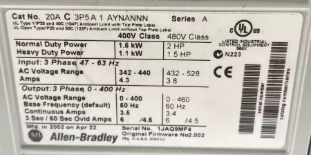 Allen-Bradley 20A C 3P5A 1 AYNANNN SER.A PowerFlex 70 AC Drive, 1.5kW 2HP 