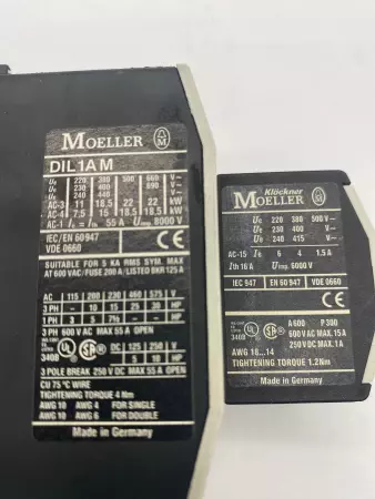 Moeller DIL1AM Contactor 600VAC 55A W/11DILM Aux. Contactor 