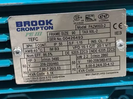 Brook Crompton PA2M003-3 PB III AC Motor, 3HP Frame Size 90 