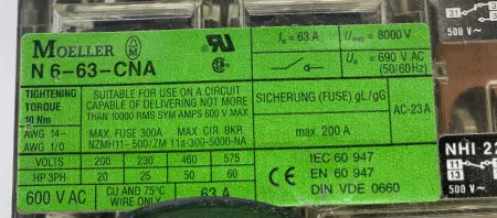 Moeller N663CNA Circuit Breaker, 600 VAC 63Amp, Handle Operated 