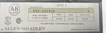 Allen-Bradley 500-D0D930 SER.A Size 3 Contactor, 600VAC 90A 120VAC Coil 