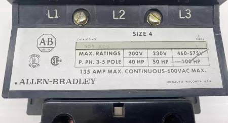 Allen-Bradley 509-E0D SER.A Size 4 Contactor, 600VAC 135A 120V Coil 