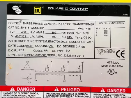 Square D EN415TQ54333R1 Transformer 415kVA 