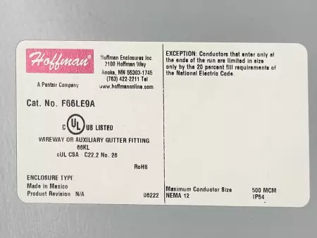 Hoffman F66LE9A 90Degrees Elbow Wireway 6X6