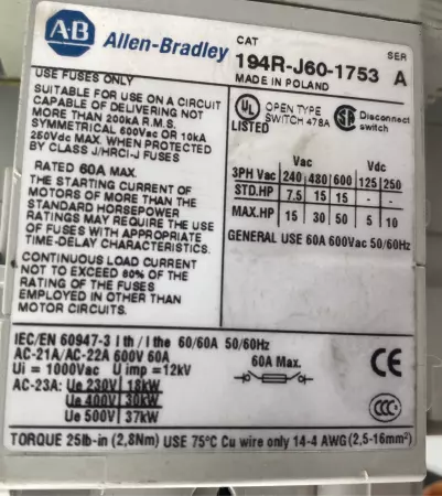 Allen-Bradley 194R-J60-1753 SA Disconnect Switch 600V 60A Handle/Cable Operated 