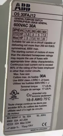 ABB OS30FAJ12 Disconnect Switch 600VAC 30A, Cable/Handle Operated 