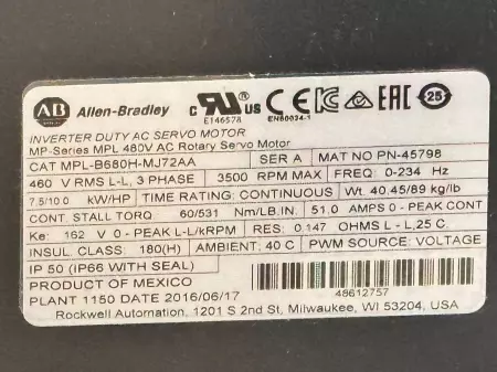 Allen-Bradley MPL-B680H-MJ72AA SER.A Inverter Duty Servo Motor, 10HP Frame215mm 