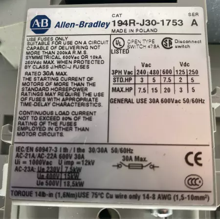 Allen-Bradley 194R-J30-1753 Disconnect Switch 600VAC 30A, Cable/Handle Operated 
