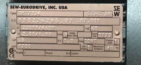 Sew-Eurodrive DFT71D4 Gearmotor 0.5HP W/S37DT71D4 Gearbox 28.76:1 Ratio 