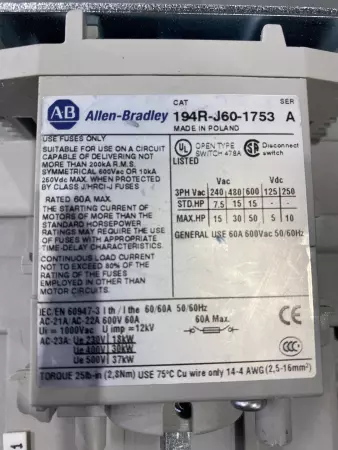 ALLEN BRADLEY 194R-J60-1753 SER. A DISCONNECT SWITCH 