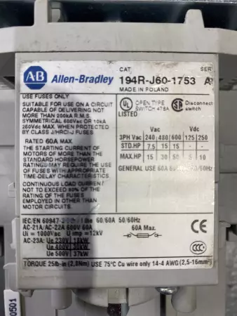 ALLEN BRADLEY 194R-J60-1753 SER. A DISCONNECT SWITCH 