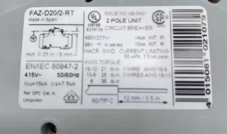 Moeller FAZ-D20/2-RT 2-Pole Circuit Breaker, 480Y/277VAC 20Amp 