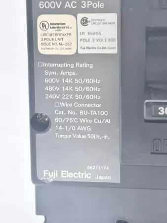 Fuji Electric BU-ESB3030 3-Pole Circuit Breaker, 600VAC 30Amp 