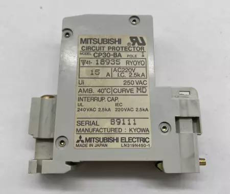 Mitsubishi Electric CP30-BA 15A Circuit Protector, 250VAC 15Amp 1-Pole 