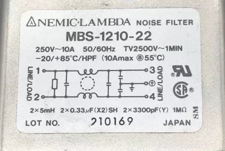 Nemic-Lambda MBS-1210-22 Noise Filter, 250V~10A 