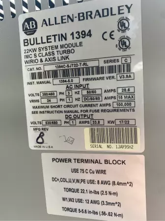 Allen-Bradley 1394C-SJT22-T-RL SER.C Servo Drive Controller 22kW (No Cover) 