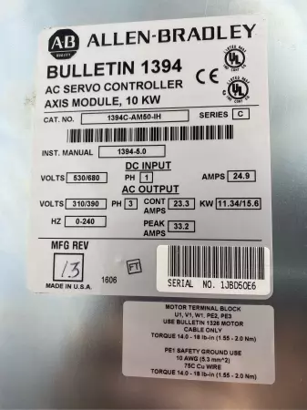 Allen-Bradley 1394C-AM50-IH SER.C AC Servo Drive, 10kW (No Cover) 