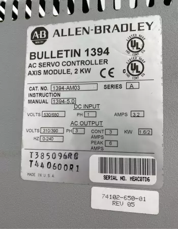 Allen-Bradley 1394-AM03 SER.A AC Servo Drive, 2kW (Broken Cover) 