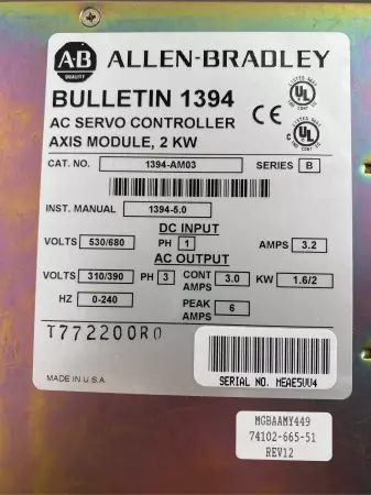 Allen-Bradley 1394-AM03 SER.B AC Servo Drive, 2kW (Broken Cover) 