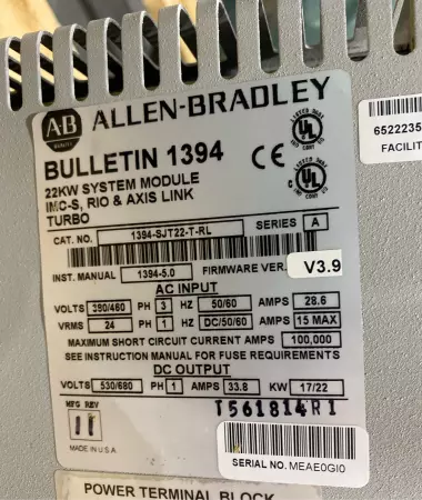 Allen-Bradley 1394-SJT22-T-RL SER.A Servo Drive Controller, 22kW (No Cover) 