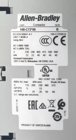 Allen-Bradley 100S-C72B14BC Contactor 600VAC 90A W/Aux. Contact 600V 10A 