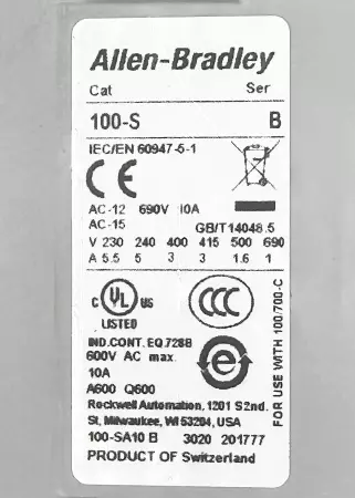 Allen-Bradley 100S-C72B14BC Contactor 600VAC 90A W/Aux. Contact 600V 10A 