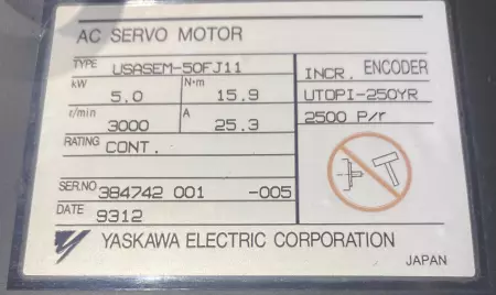 Yaskawa USASEM-50FJ11 AC Servo Motor, 5kW 