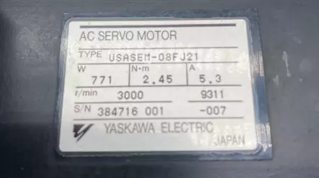 Yaskawa USASEM-08FJ21 AC Servo Motor, 0.771kW 