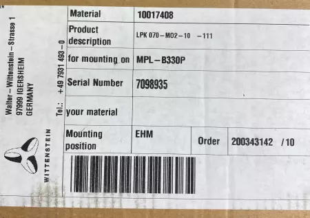 Wittenstein LPK070-M02-10-111 Right Angle Gear Box, Ratio 10:1 