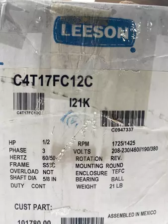 Leeson C4T17FC12C Gearmotor 0.5HP, W/Hydro-Mec Gearbox Ratio 10:1 