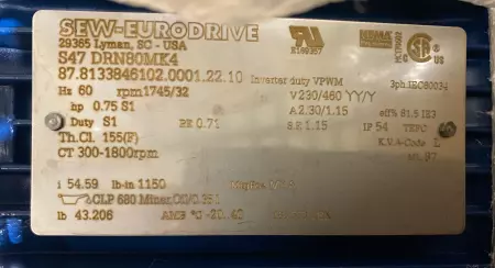 Sew-Eurodrive S47 DRN80MK4 Gearmotor 0.75HP W/ Gear Reducer Ratio 54.59:1 