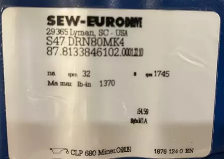 Sew-Eurodrive S47 DRN80MK4 Gearmotor 0.75HP W/ Gear Reducer Ratio 54.59:1 