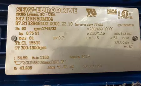 Sew-Eurodrive S47 DRN80MK4 Gearmotor 0.75HP W/ Gear Reducer Ratio 54.59:1 