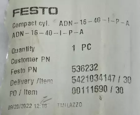 Festo ADN-16-40-I-P-A Compact Cylinder, 16mm Piston 40mm Stroke 