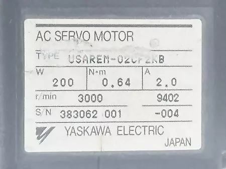 Yaskawa USAREM-02CF2KB AC Servo Motor, 200W 2A 