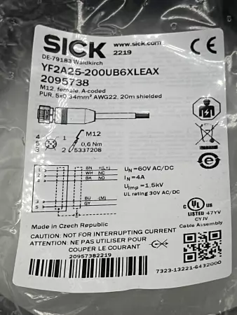 Sick YF2A25-200UB6XLEAX Sensor 5-Pin Female Connector Cable, AWG22 20M 