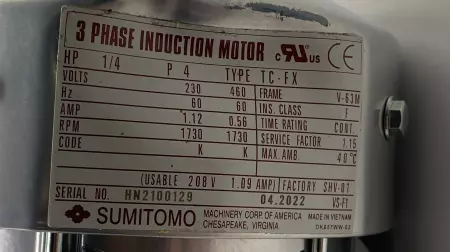 Sumitomo TC-FX Gearmotor 1/4HP W/ Gearbox Ratio 15:1 