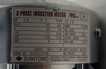 Sumitomo TC-FX Gearmotor 1/4HP W/RNYMS02-1220C-20 Gearbox Ratio 20:1 