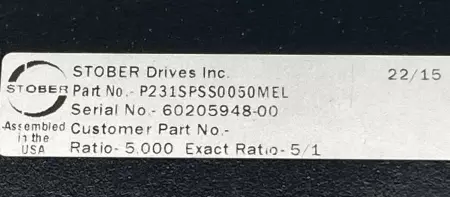 Stober P231SPSS0050MEL Gear Reducer 5:1 Ratio 