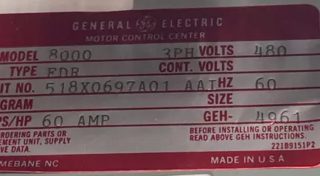 General Electric 518X0697A01 AAT Motor Control Center, 480V 60Amp 