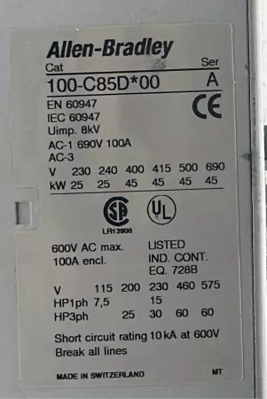 Allen-Bradley 100-C85DJ22C Contactor 600VAC 100A  100-C85D*00 