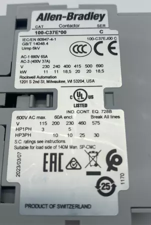 Allen-Bradley 100S-C37EJ14C SER.C Contactor, 600VAC 37A, 24VDC Coil 