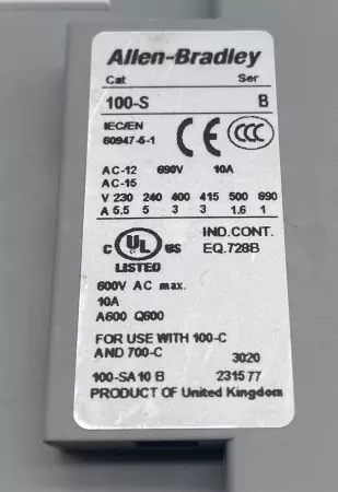Allen-Bradley 100S-C37EJ14C SER.C Contactor, 600VAC 37A, 24VDC Coil 