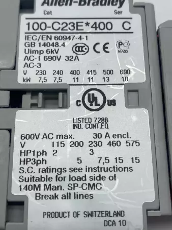 Allen-Bradley 100S-C23EJ404C SER.C Contactor, 600VAC 23A, 24VDC Coil 