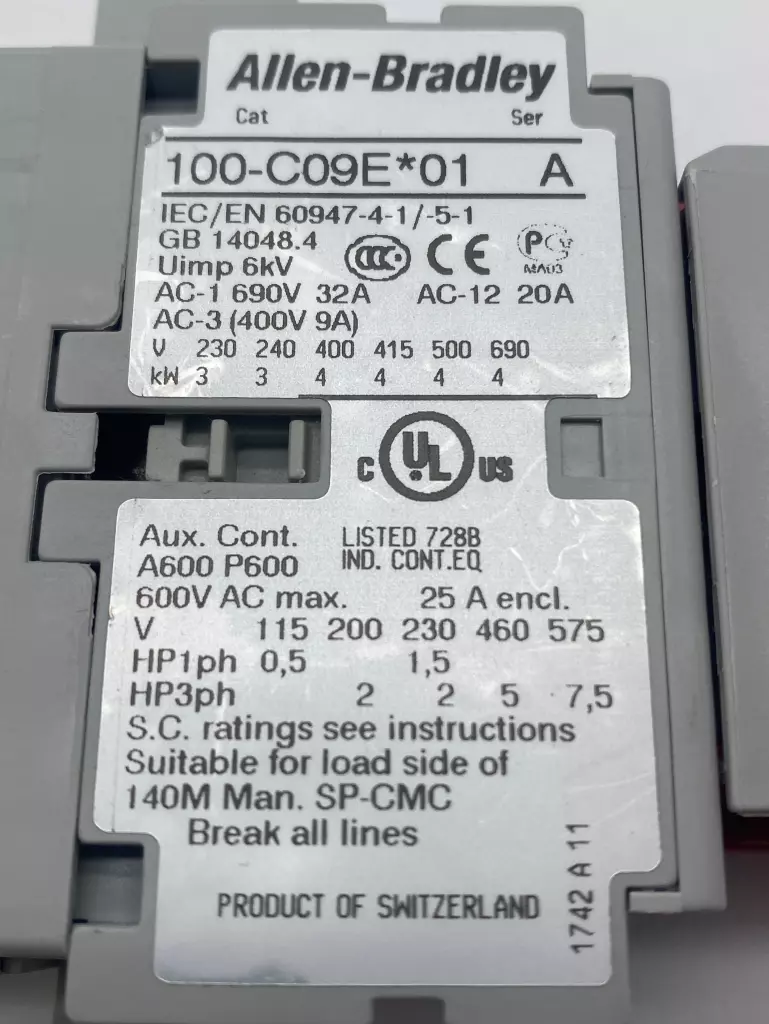 Allen-Bradley 100S-C09EJ23C SER.A Contactor, 600VAC 9A, 24VDC Coil 